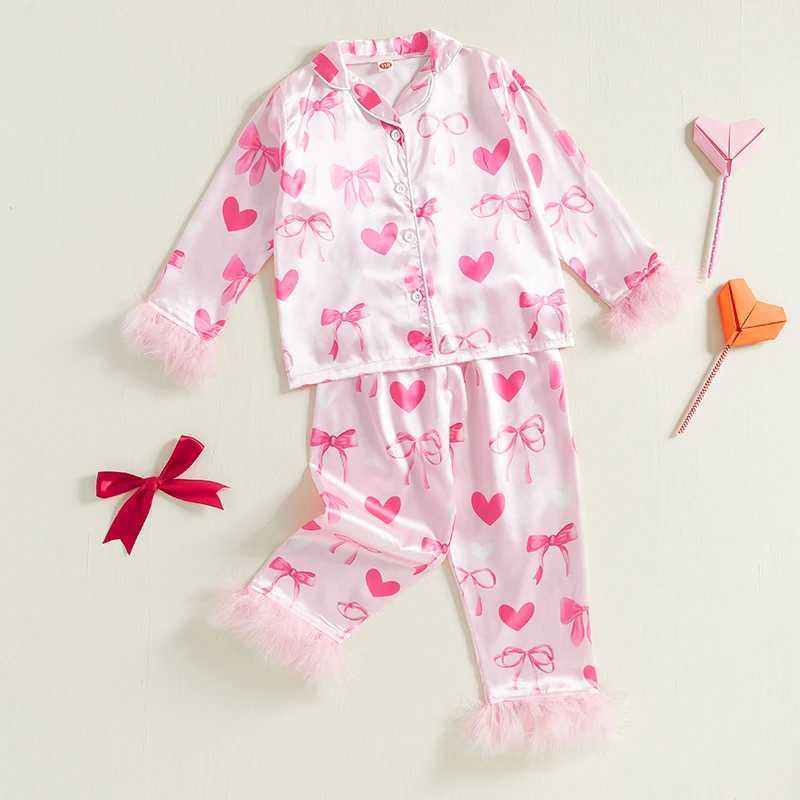 Clothing Sets Kids Baby Girl Pajama Sets Valentines Day Loungewear Set Heart Bow Print Plush Trim Lapel Neck Button-up Tops+Pants Sleepwear H241126