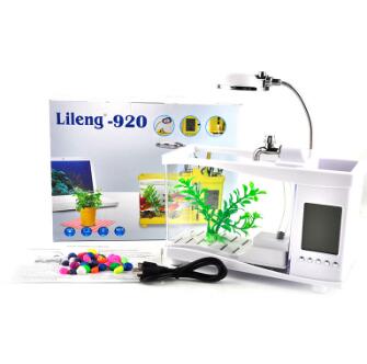 USB acrylic mini fish tank aquarium led lighting light with alarm clock for living room bedroom desk decoration accessories