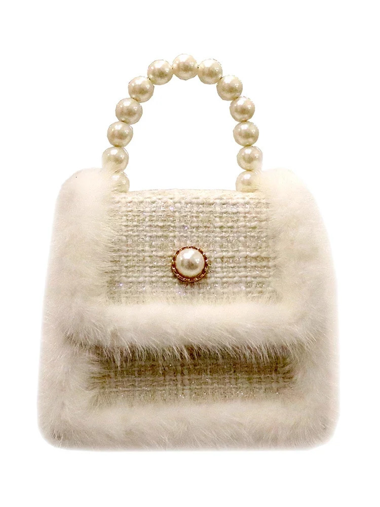 Original mink fluff pearl chain one shoulder portable messenger bag woolen material winter trendy womens 241125