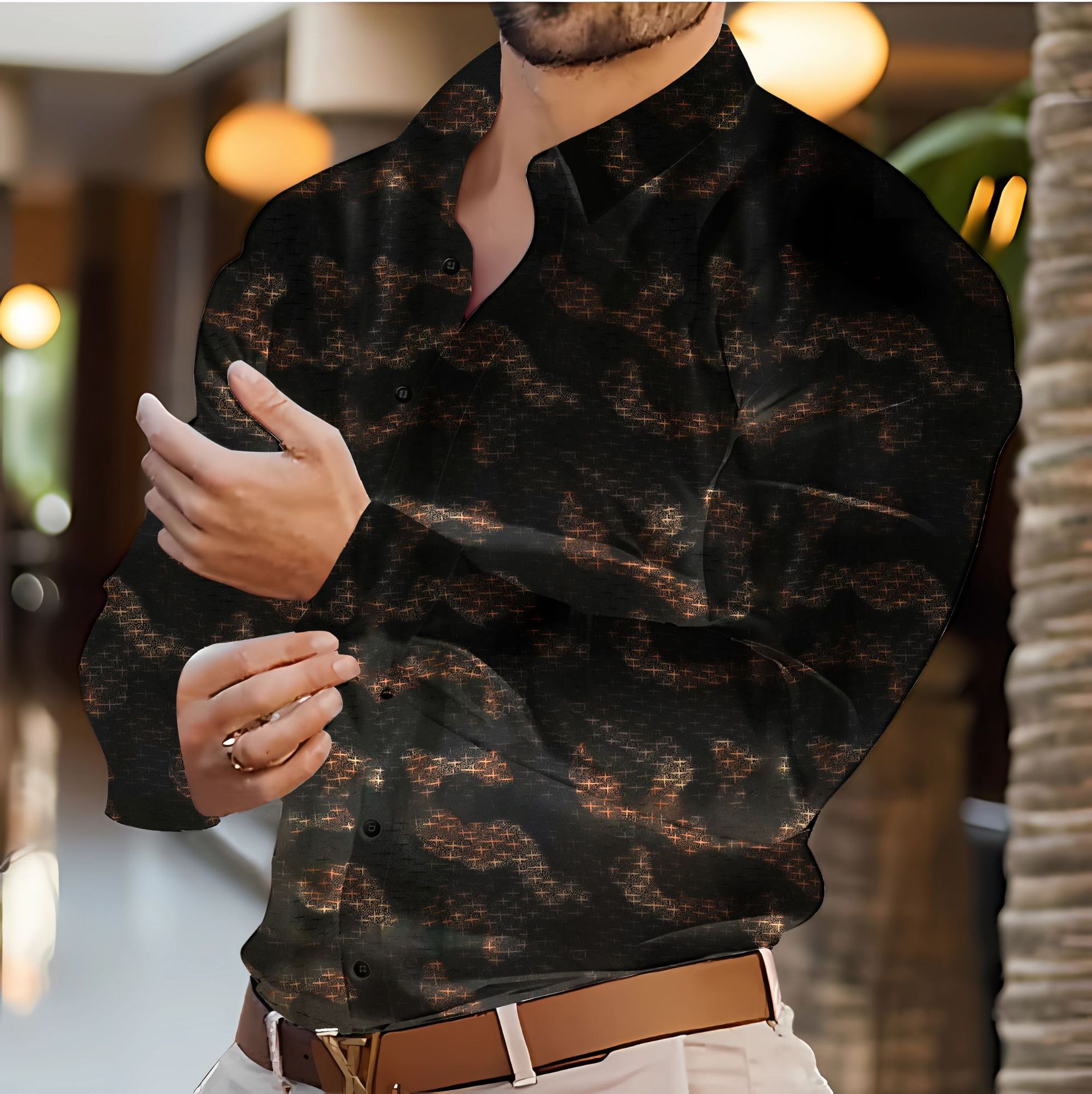 Mens fashion star blouse hot gold printed casual long sleeved shirt Chemises hommes Man Shirts causal designer shirt for men plus size high quality to