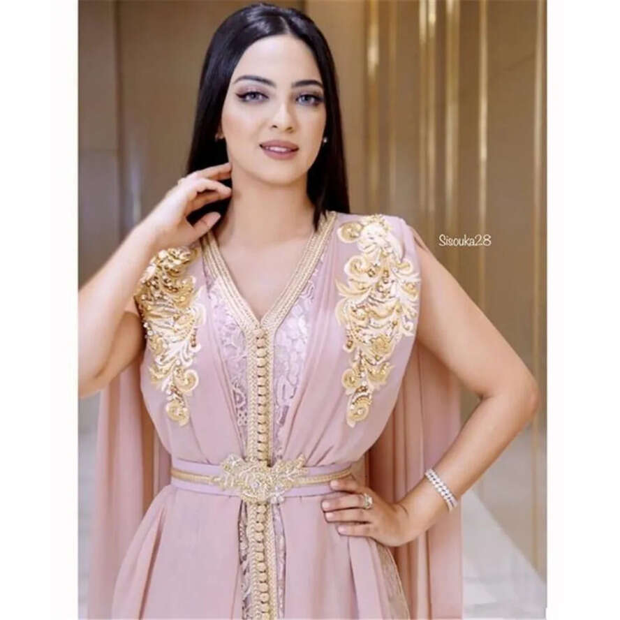 Blush Pink Beaded Muslim Long Dubai Moroccan Kaftan Dress Chiffon V Neck Formal Gown Evening Party Dresses