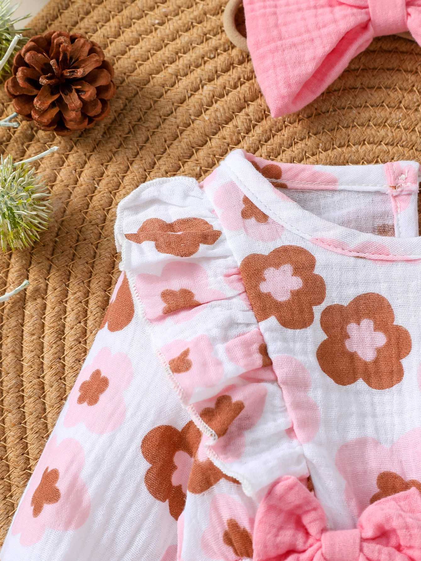 Clothing Sets 2024 New Style Baby Girls Spring/ Autumn Long Sleeve Print Flower With Bow O-18M Honey Dressy Jumpsuit +Headband H241126