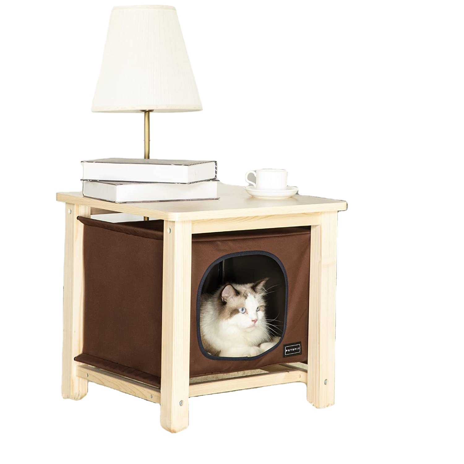 People and pets share pet supplies on the bedside table of the indoor cat room