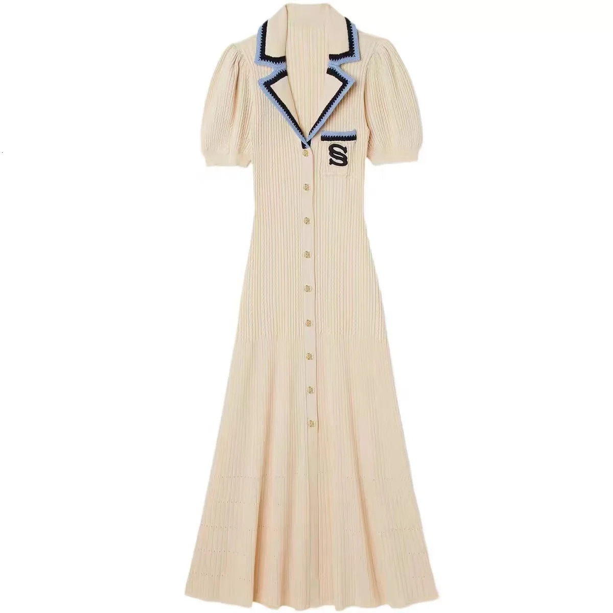Elegant and ultra-thin knitted long dress for women in the summer of with a single chest and long sleeved . Vintage dress in white for autumn 241125