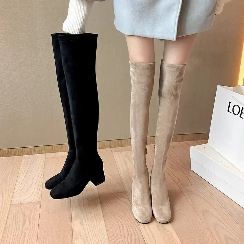 Elastic Long Faux Suede Boots Woman Over-the-knee Boots Casual Black Platform Shoes for Women Autumn Ladies Bottes 241114