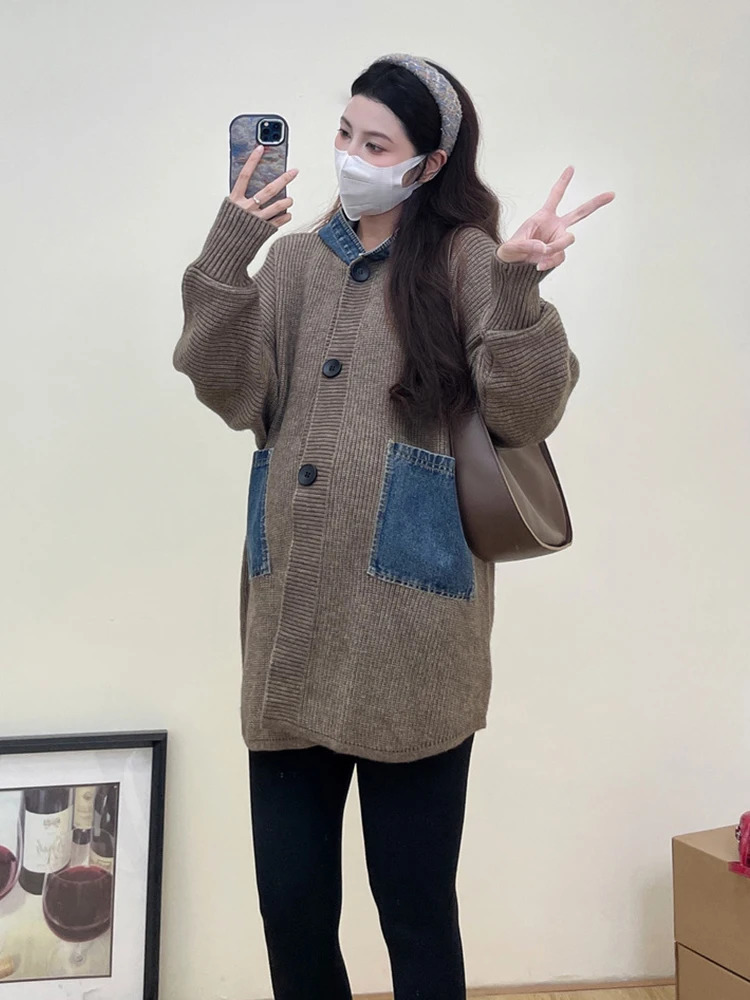 maternity coat hooded denim patch work sweater maternity loose cardigan wool sweater maternity coat fashionable autumn clothing 241126