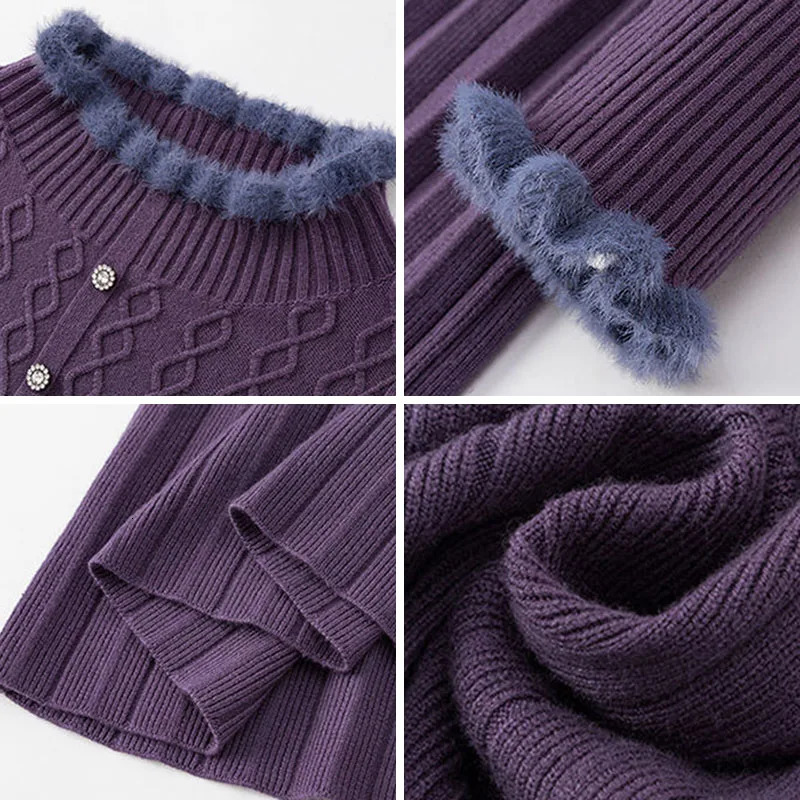 Wrinkled Knitted Dress Bottom Sweater Two Piece Womens Retro Elegant Long Sleeve Autumn Casual Slim Fit Midi Vestidos 241125