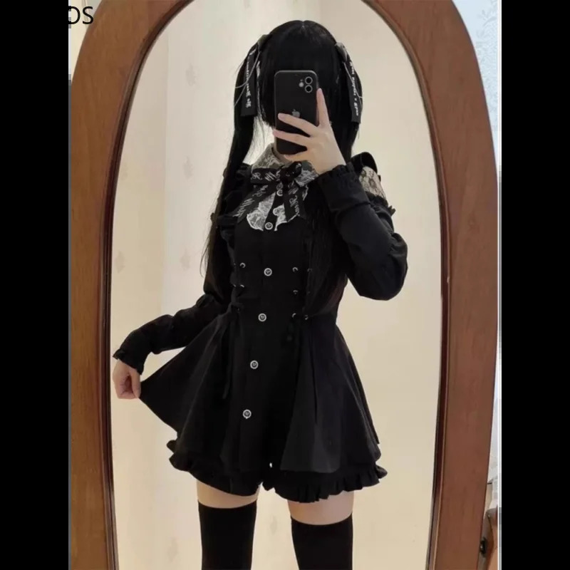 Japanese Gothic rhinestone bow dress set womens lace shoulder long sleeved ultra-thin shirt dress Lolita Y2k dress 241125