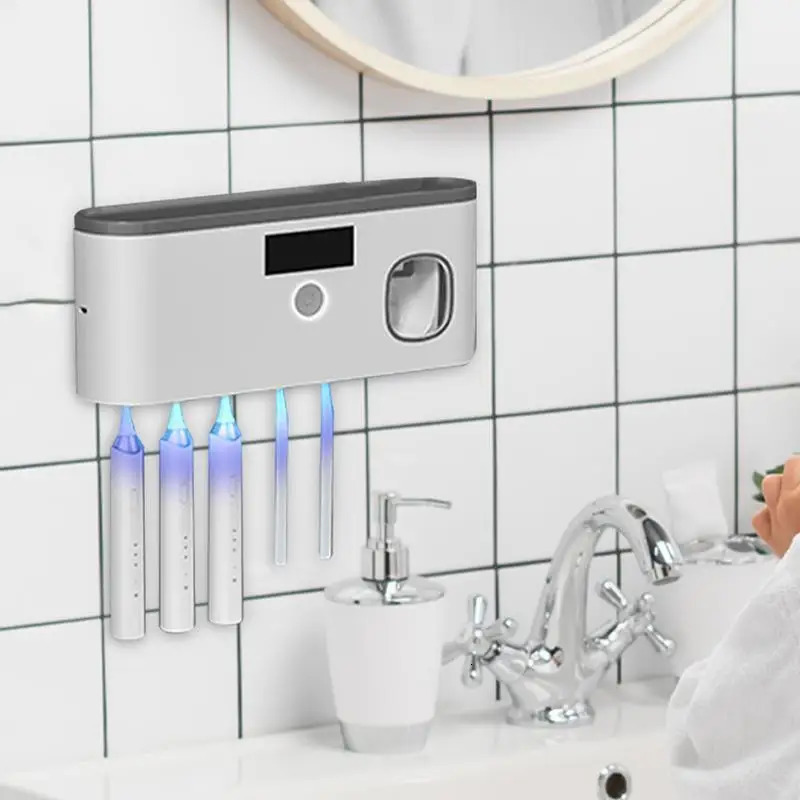 Wall Toothbrush Holder for Bathroom UV Toothbrush Organizer Toothpaste Dispenser USB Rechargeable 5 Slots Bathroom Supplies 241125