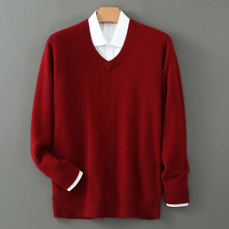 Mens sweater automatic and winter cashmere sweater wool pullover sweater thick bottom knitted V-neck loose warm Korean version 241126