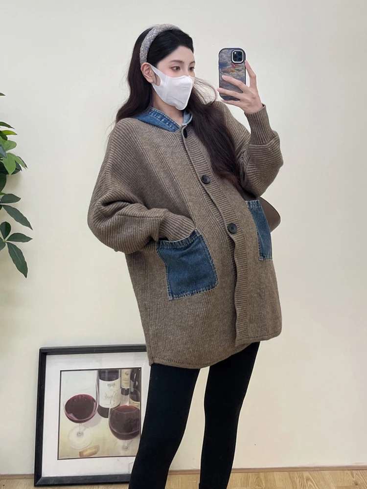 maternity coat hooded denim patch work sweater maternity loose cardigan wool sweater maternity coat fashionable autumn clothing 241126