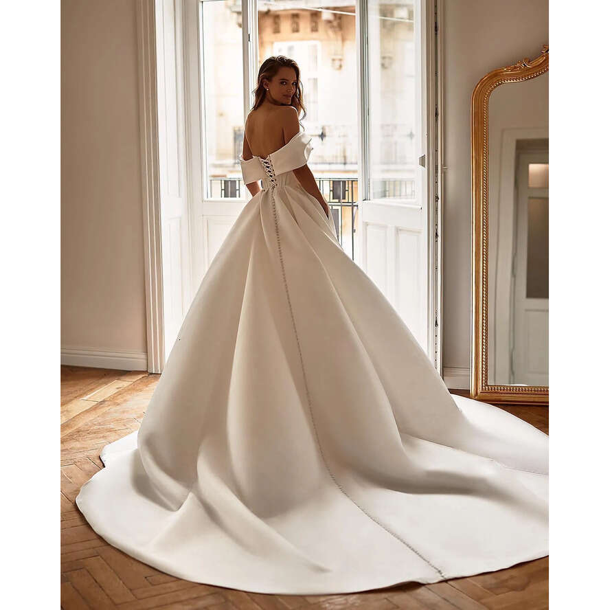 Nova Milla A E For Bride Off Shoulder Satin Countries Wedding Dresses Backless Buttons Designer Bridal Gowns Sweep Train
