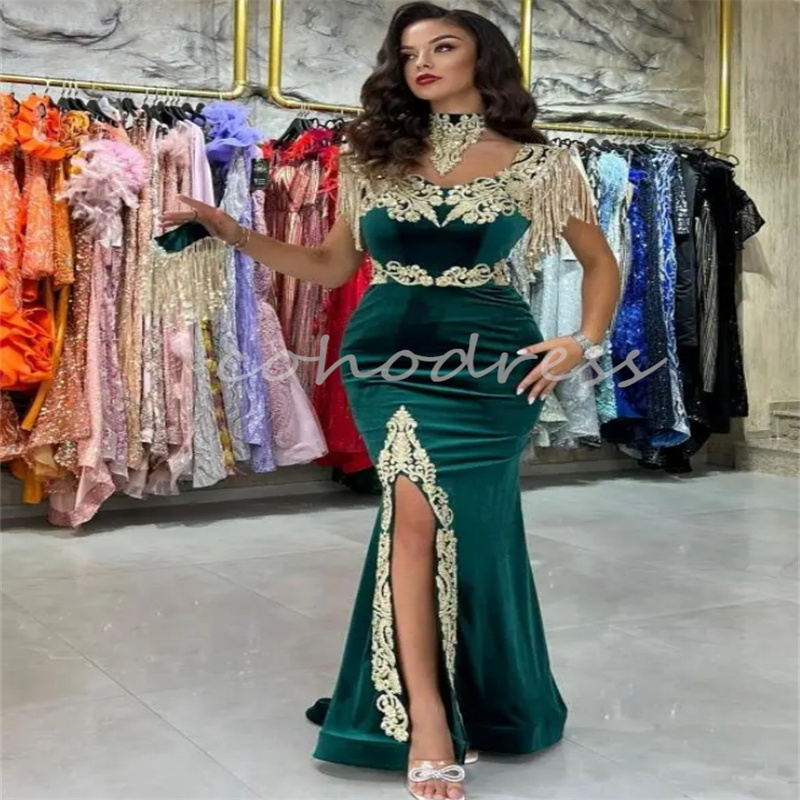 Traditional Kosovo Albanian Velvet Evening Dress Green Mermaid Velvet Slit Prom Dress Lace Tassle Birthday Party Gown Green Caftan Moroccan Formal Occ