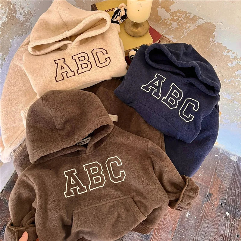 Baby Boy Girl Hooded Clothes Set HoodiePant 2PCS Infant Toddler Child Warm Fleece Home Suit Winter Spring Baby Clothes 1-10Y 241126