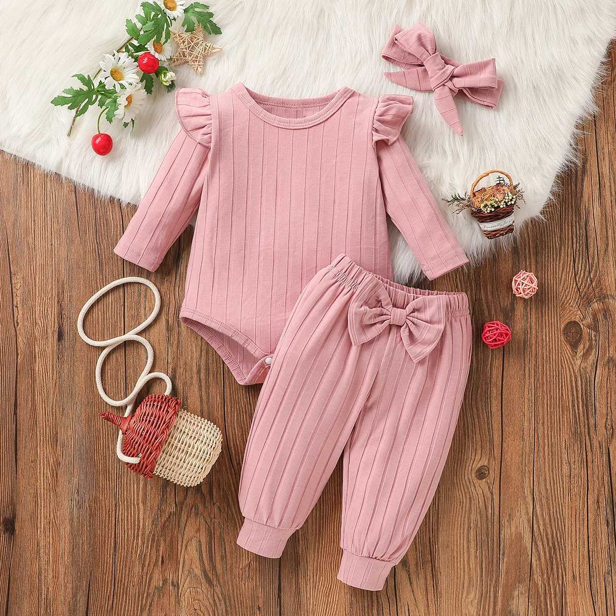 Clothing Sets Baby Girls Newborn Infant 3Pcs Long Sleeve Solid Romper Pants with Headband Spring Fall Casual Clothes Set H241126