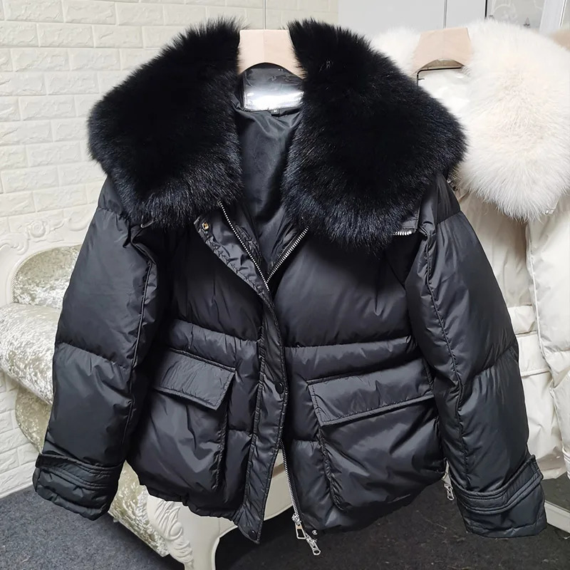 Maomaokong loose Real Fox fur collar 2024 white duck down jacket womens winter inflatable jacket oversized wool jacket 241126