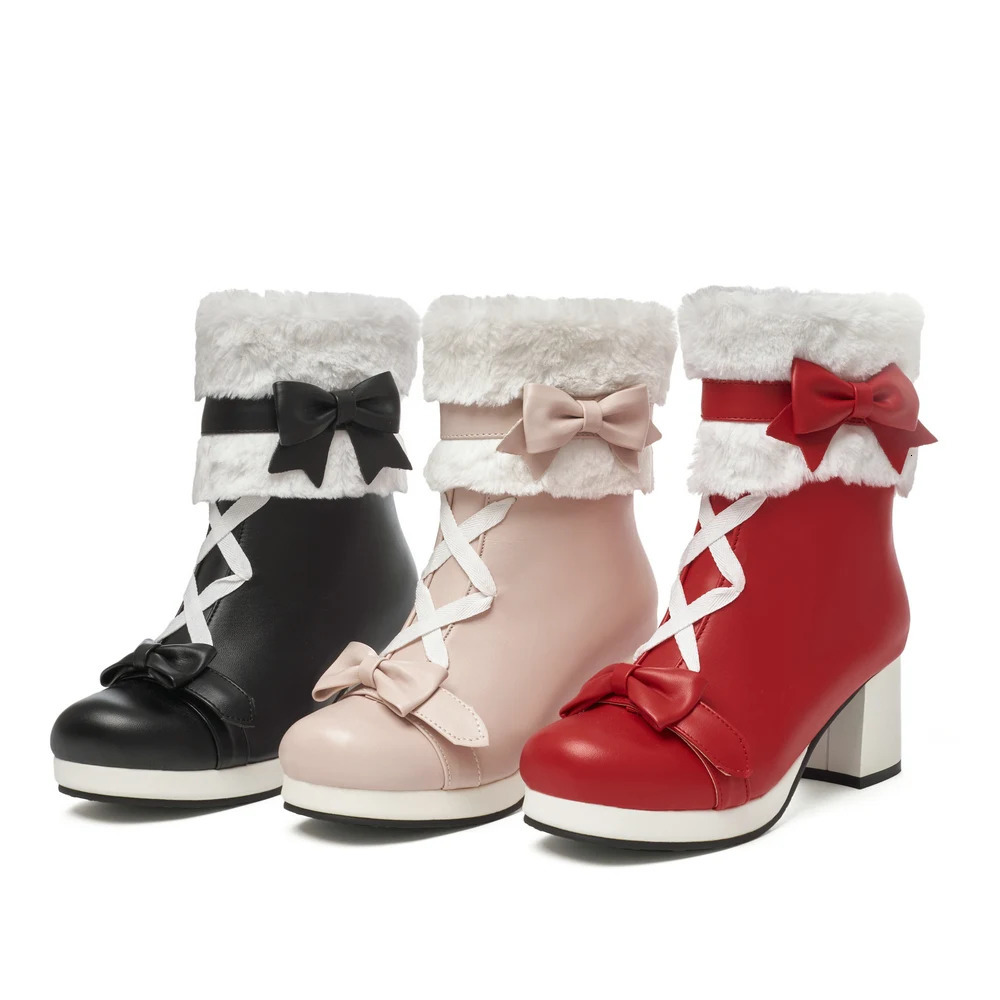 Winter High Heels Lolita Ankle Boots Artificial Fur Waterproof Platform Thick Bottom Cute Bow Red Pink Black Womens Shoes Size 34-43 241126