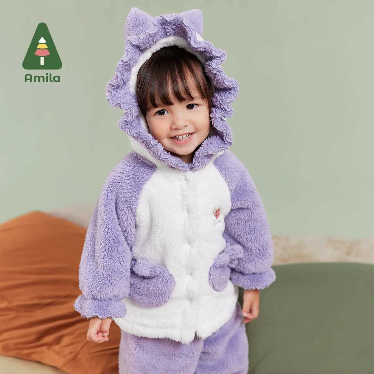 Clothing Sets Amila Baby Girl Loungewear Set 2024 Winter New Multicolour Hooded Soft Cute Warm Kids Sleepwear Sets Baby Clothing H241126