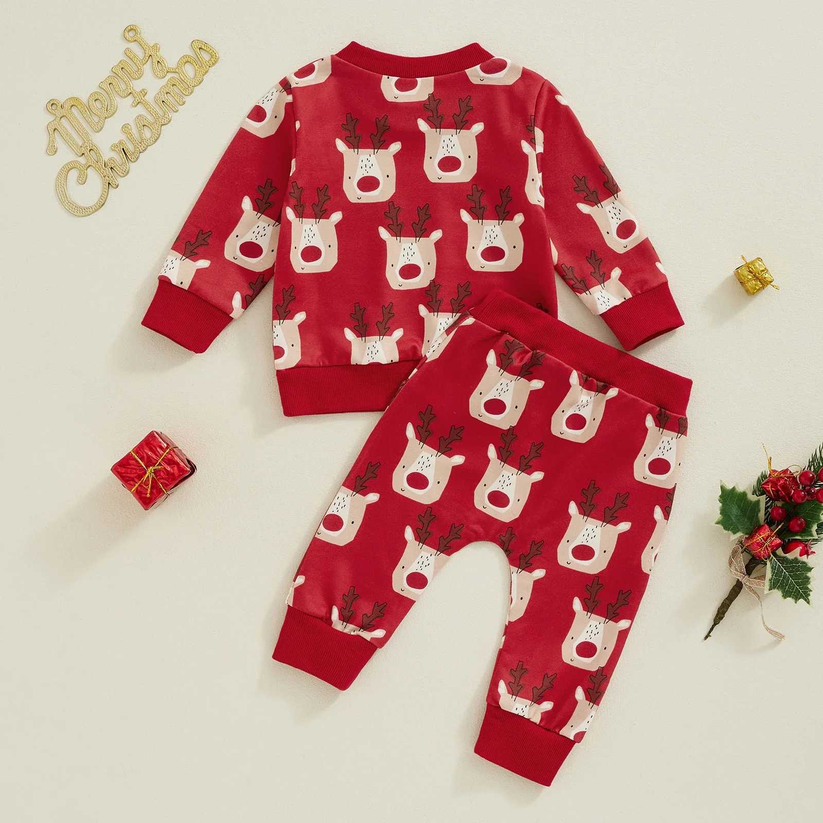 Clothing Sets Baby Cartoon Elk Print Long Sleeve Crew Neck Sweatshirt with Elastic Waist Sweatpants Christmas Costume for Girls Boys H241126