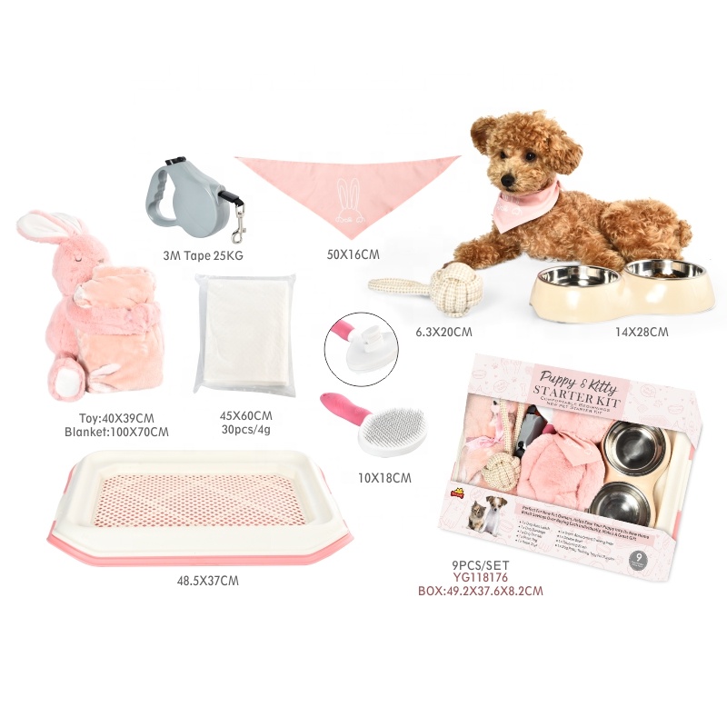9 Pcs Pet Gift Dog Starter Set Bowl Brush Leash Plush Toy Training Pad Puppy Starter Kit