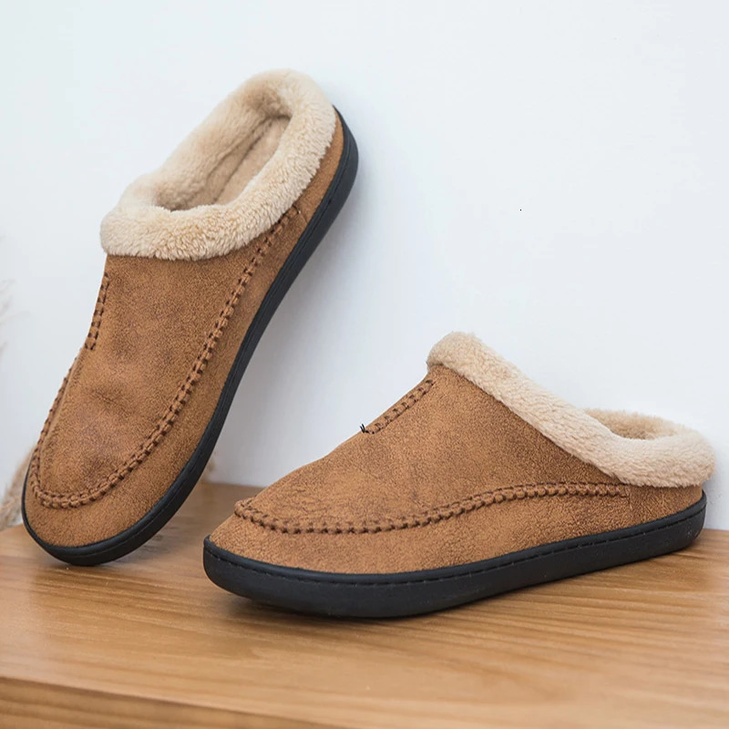 Mens Slippers Home Winter Indoor Plush Warm Shoes Thick Bottom Plush Waterproof Leather House Slippers Man Suede Cotton Shoes 241126