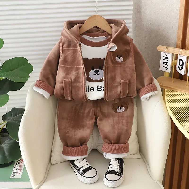 Clothing Sets New Baby Boys Clothes Set Autumn Winter Thick Velvet Cartoon Bear Hooded Coat Sweater Pants 3Pc for 1-4 Years Kids Sprot Outfits H241126