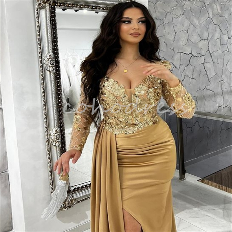 Beautiful Dubai Gold Evening Dress With Lace Elegant Mermaid Long Sleeve Prom Dress With Slit V Neck Satin Formal Party Dance Vestio De Fiesta Longos