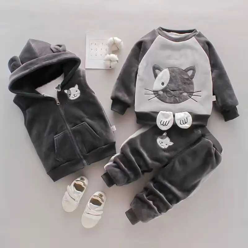 Clothing Sets Baby Girls Clothing Set Autumn Winter Velvet Thick Warm Casual Hooded Sweater Cartoon Elephant 3Pcs Toddler Boys Clothes Suit H241126