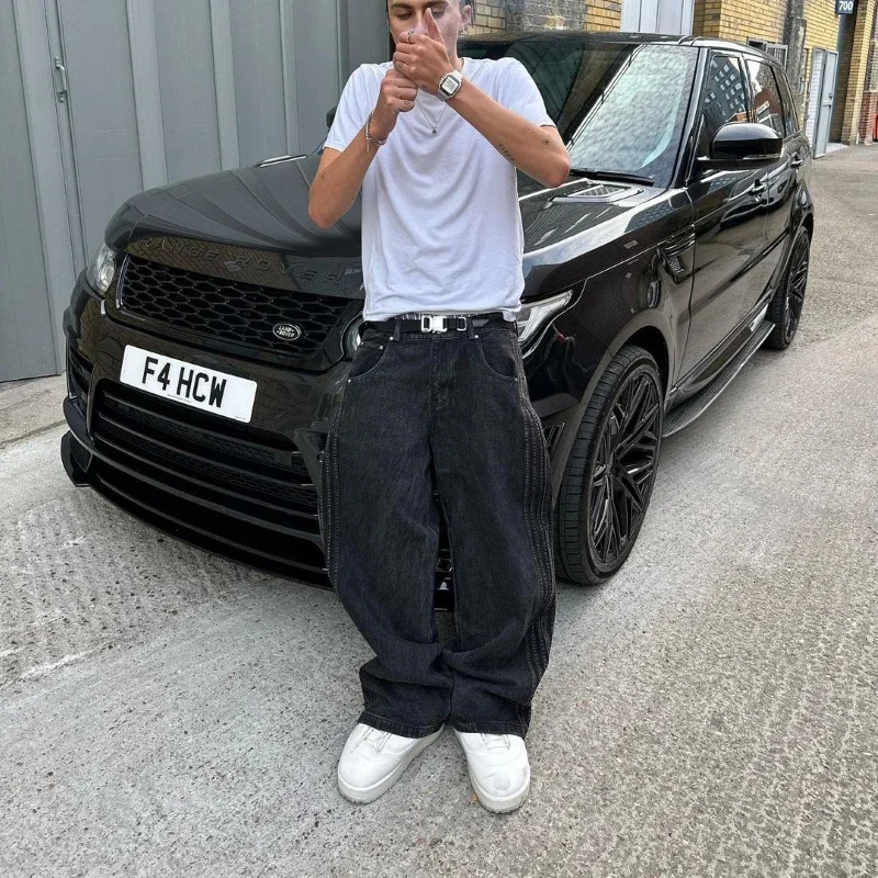 Embroidered pocket jeans with stickers mens street hip-hop retro black jeans mens casual wide leg jeans mens jeans 241126