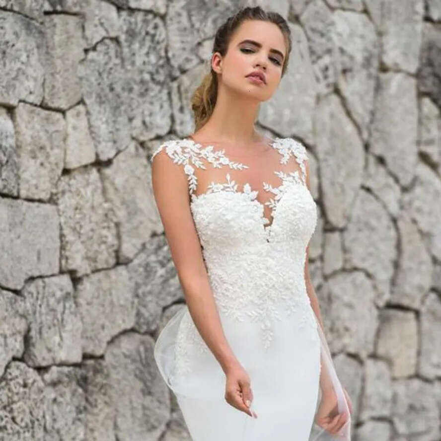 Elegant Sheer Cap Sleeve Lace Mermaid Beach Boho Dresses Tulle Applique Sweep Train Summer Wedding Bridal Gowns Robes De Mariee