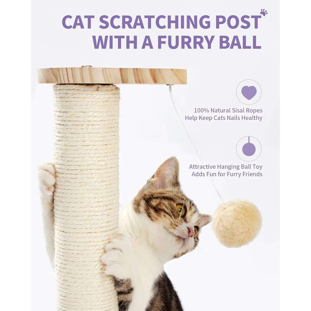 Made4Pets Cat Scratching Post for Indoor Cats Wooden Ball Track Two-Layer Modern Sisal 17.7" Tall Scratch Post Interactive Toy with Dangling Ball