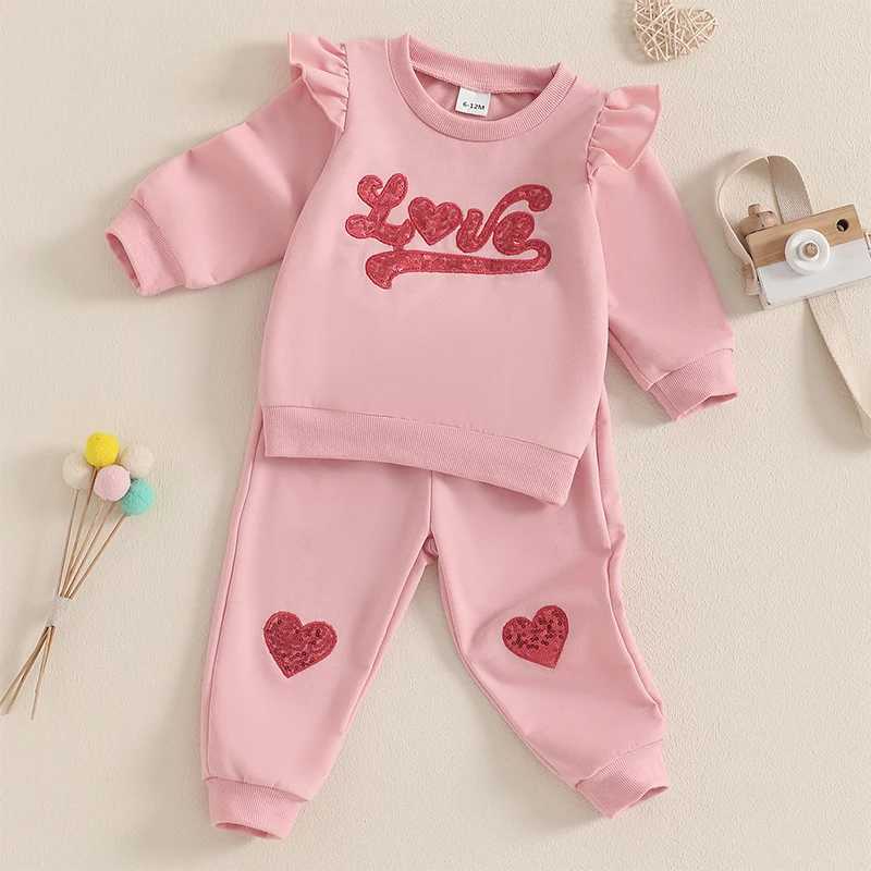 Clothing Sets 0-3Years Kids Baby Girl 2Pieces Activewear Outfits Letter Heart Sequin Print Long Flying Sleeve Sweatshirt with Bow Tie Pants H241126