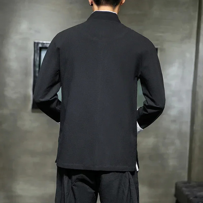 Crane embroidered shirt traditional Chinese retro mens half sleeved linen solid Madarin collar Hanfu Kungfu cardigan 241126