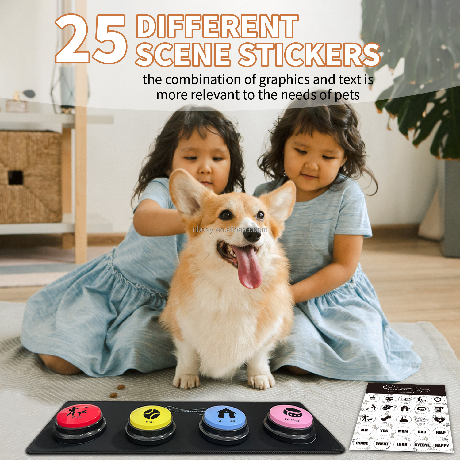 RIBOSY Set of 4 Dog Training Recorable Buttons ,Pet Communication Kits with Rubber Mat and DIY Training Stickers