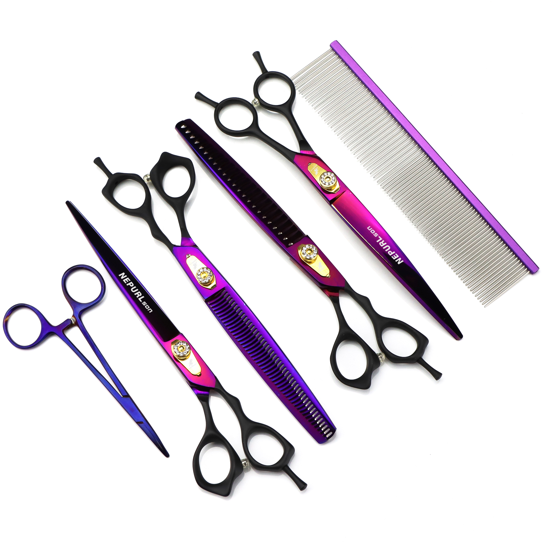8.0 Inch NEPURLson Scissors WGB 01 Grooming Pet Fishbone Teeth 4 Scissors Set Handle Veterinary Animal color Black Straight
