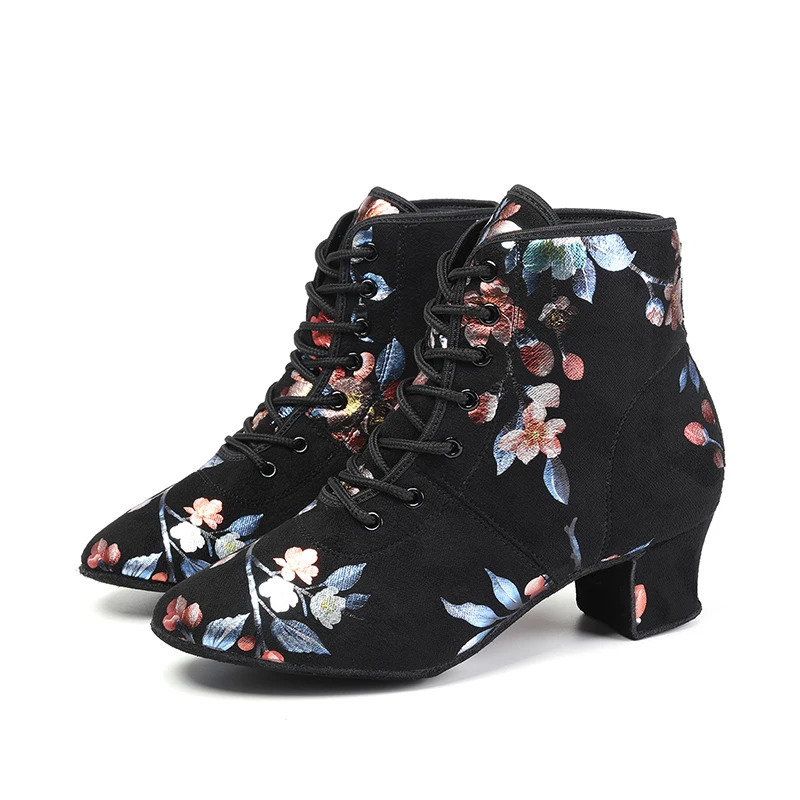 DKZSYIM Black Flower Dance Shoes Dance Hall Boots Tango Latin Modern Women Oxford Lace Practice Dance Shoes High Heels 3.5/5cm 241126