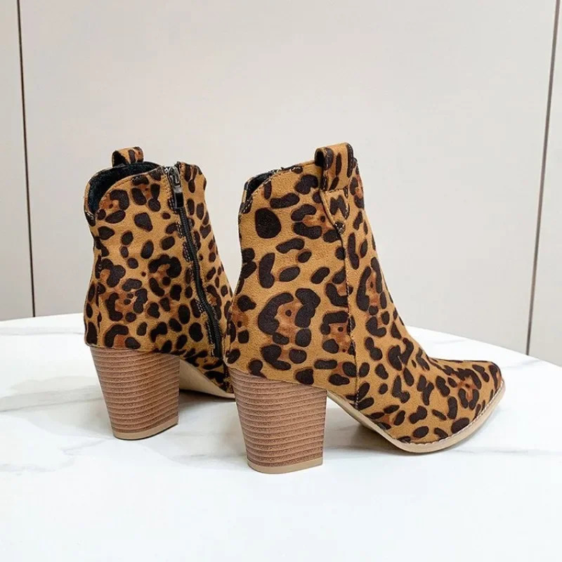 Ankle Boots Womens High Heel Shoes Womens Track Leopard Print Thick Heel Pointed Fashion Western Boots 241114