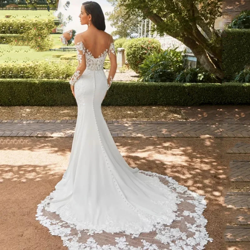 Sweetheart Elegant Mermaid Wedding Dress White Long Sleeves Open Back Lace Appliques Beach Bridal Gown Court Train Vestido De Novia
