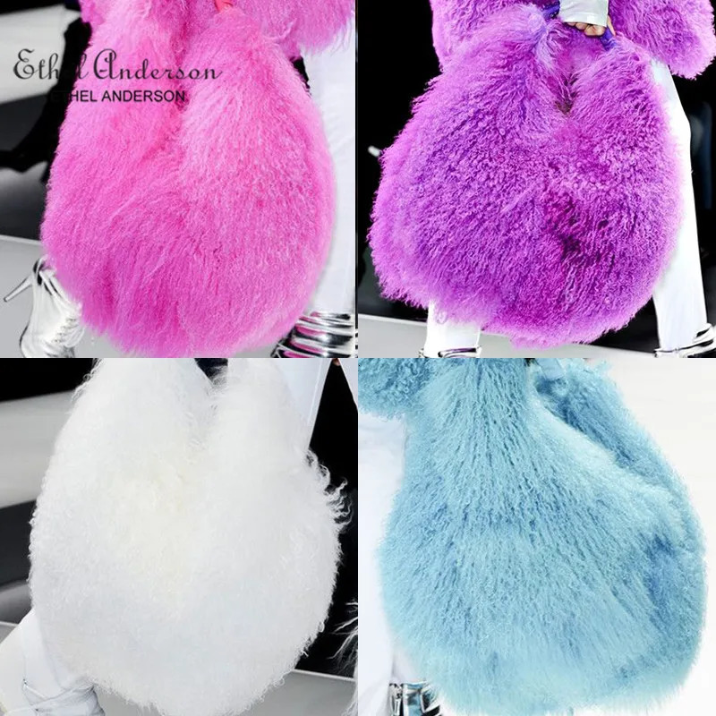 Ethel Anderson Womens Real Mongolia Fur Handbags Lamb Bag Manmade Shoulder Lady Simple Style Hand Bags 241125
