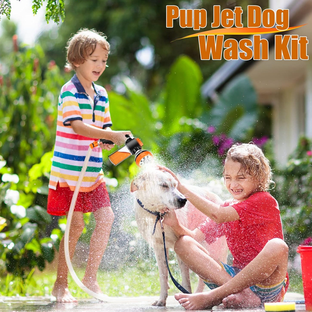 8 in 1 Showering Pet Garden Hose Nozzle Sprayer Upgrade Pup Jet Dog Wash with 100CC Soap Dispenser Bottle and Dog Washing Gloves