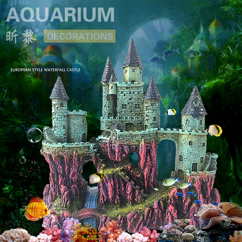 Realistic design aquarium resin purple waterfall castle ornament decoration for fish tank