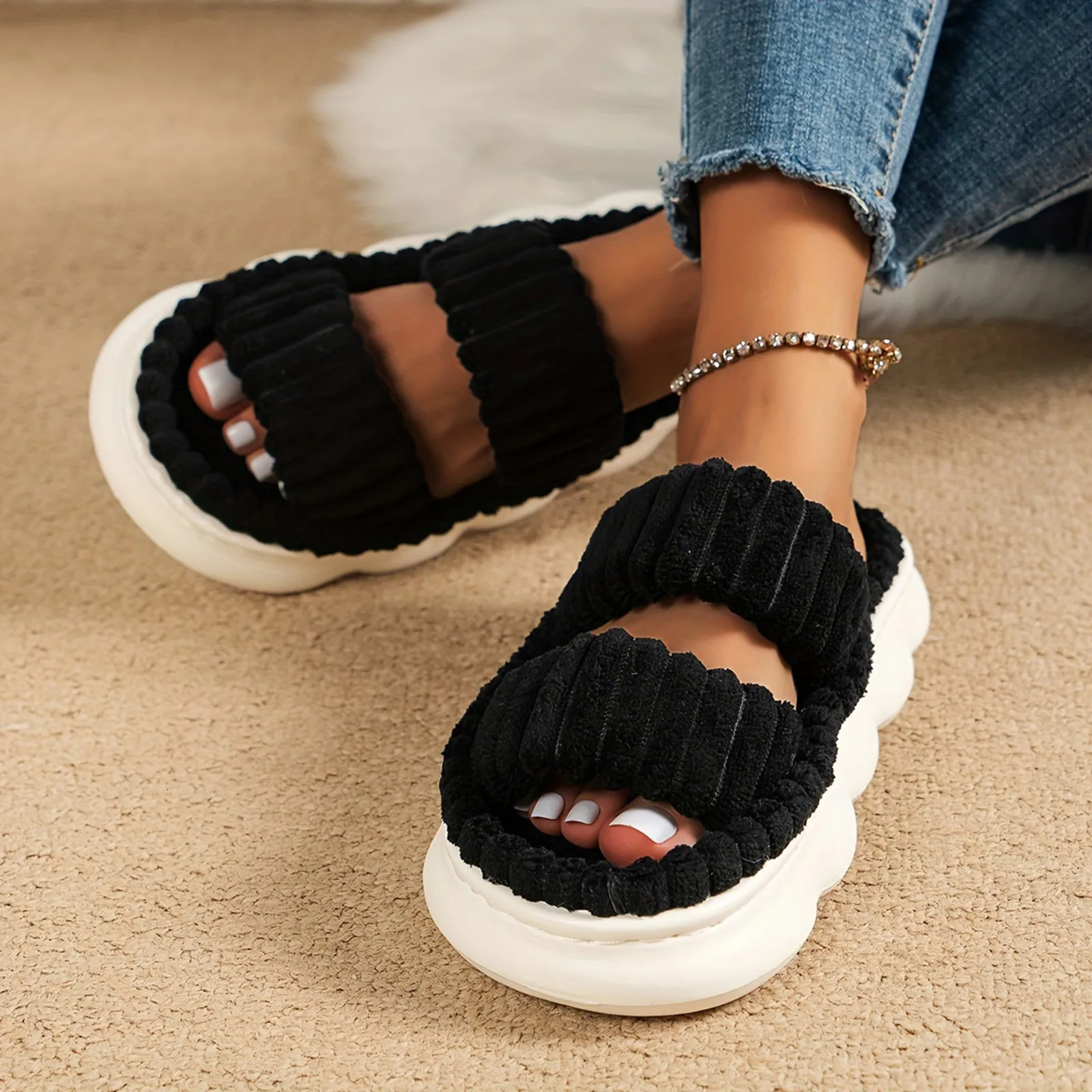 Womens 2024 Spring/Summer Towel Pattern Thick Bottom Home Fashion Anti slip Towel Bottom External Sliding Sandals Outdoor 241126