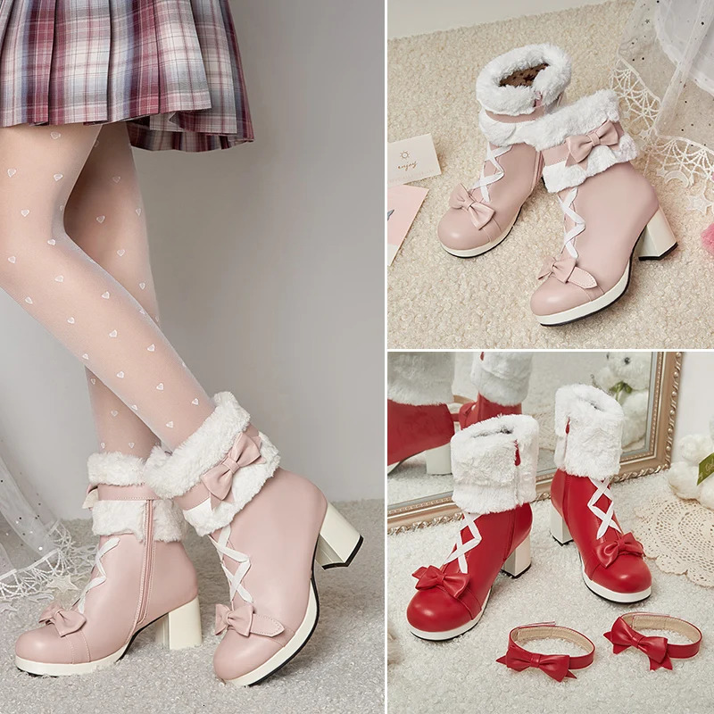 Winter High Heels Lolita Ankle Boots Artificial Fur Waterproof Platform Thick Bottom Cute Bow Red Pink Black Womens Shoes Size 34-43 241126