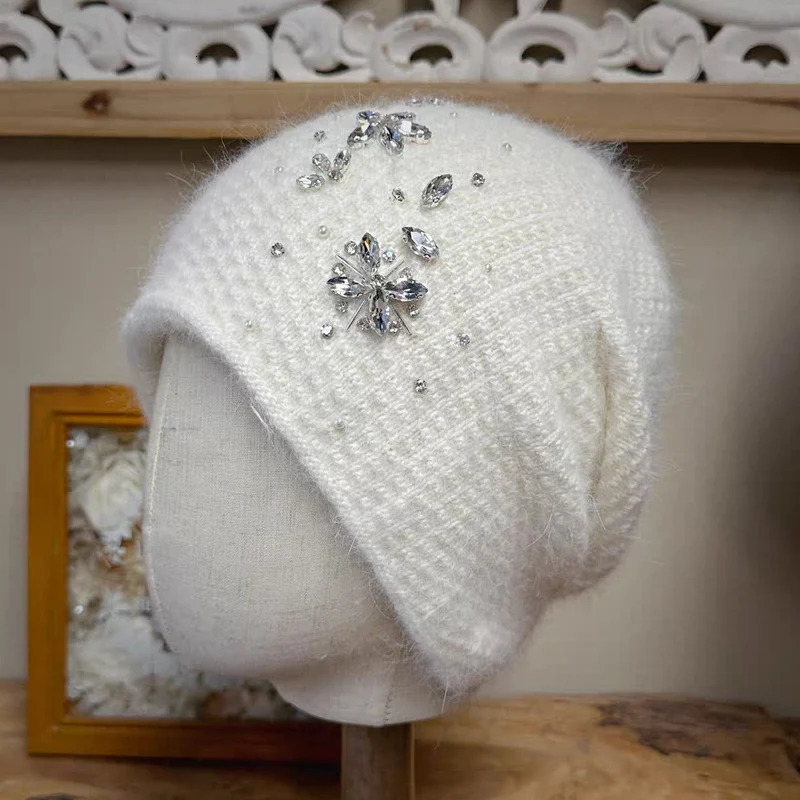 Winter Rabbit Fur Knitted Womens Hat High Quality Rhinestone Warm Thick Beanies Hat Versatile Ear Protection Hat 241126