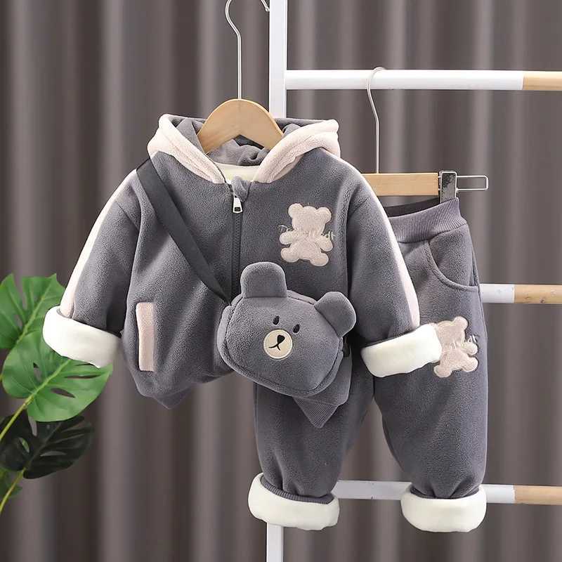 Clothing Sets Winter Baby Boys Clothes Cartoon Bear Hooded Jacket Coat Pants Bag 3Pcs/Set Cotton Warm Suit Children Clothing Toddler Tracksuit H241126