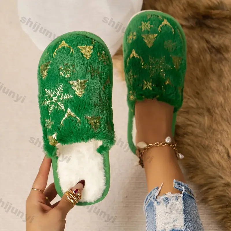 Women Christmas Plush Cotton Slippers Ladies Winter Soft Plush Warm Shoes Girls Indoor Anti-slip Fluffy Slides Plus Size 45 241126