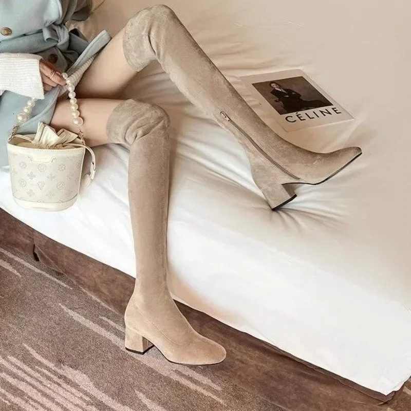 Elastic Long Faux Suede Boots Woman Over-the-knee Boots Casual Black Platform Shoes for Women Autumn Ladies Bottes 241114