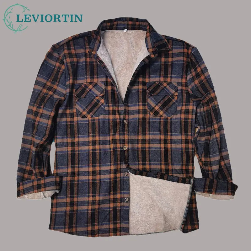 Winter mens flannel plain button up long sleeved shirt Sherpa fashion wool lining keeps warm mens classic shirt jacket 241126