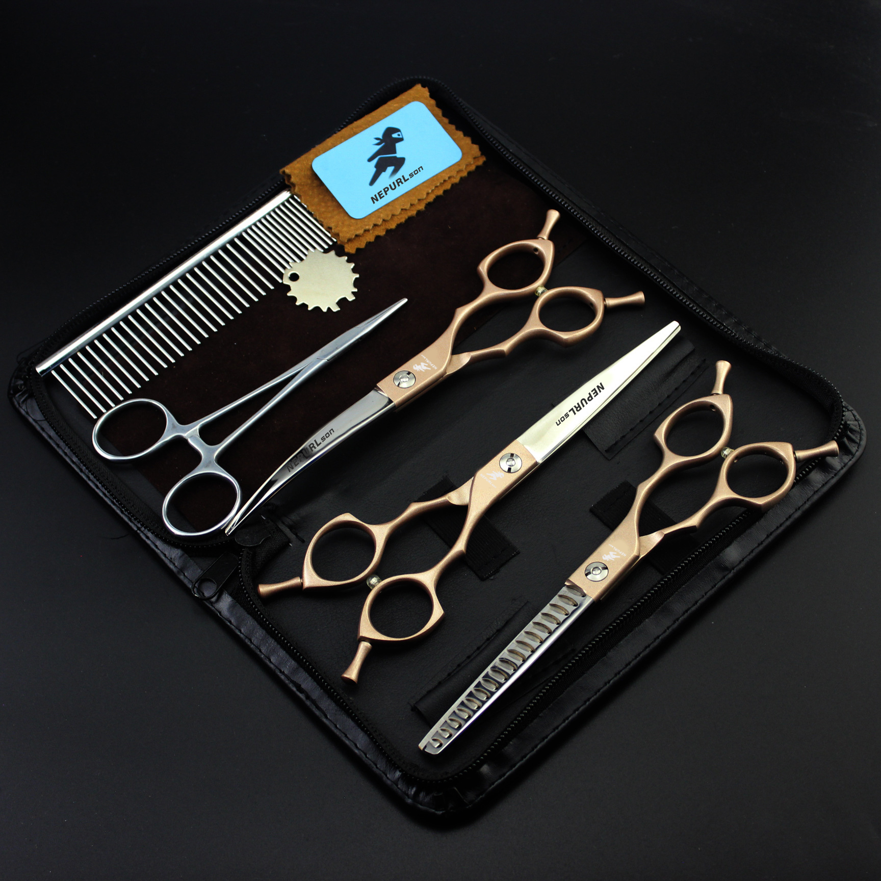6.5 inch CG 01champagne gold paint Shaped Scissors Pet Grooming dense teeth scissors set