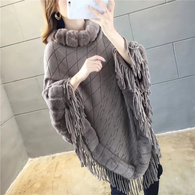 Autumn Winter Rabbit Fur Womens Coat Wool Collar Pullover Shawl Warmth Poncho Capes Gray Cloaks 241112